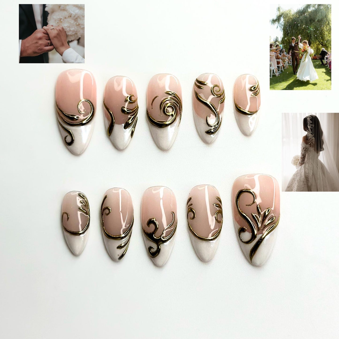 Gold Baroque Almond Press On Nails | Luxury 3D Chrome Bridal Wedding Nail Art | OB402LK