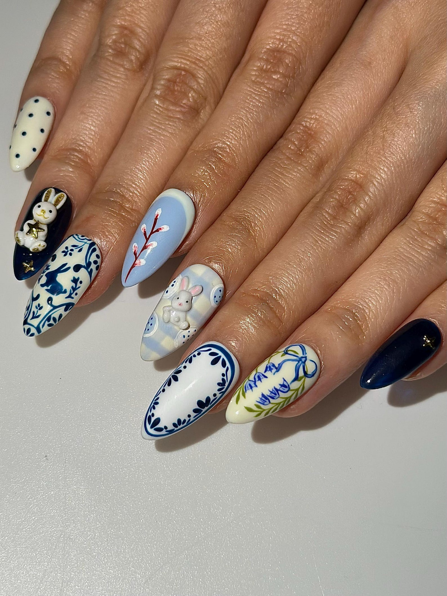 Easter Bunny Blue Press On Nails | 3D Rabbit Nail Art | Delft Blue Floral Nails | Cute Spring Easter Nail Set| Handmade Press Ons | HB1300HC