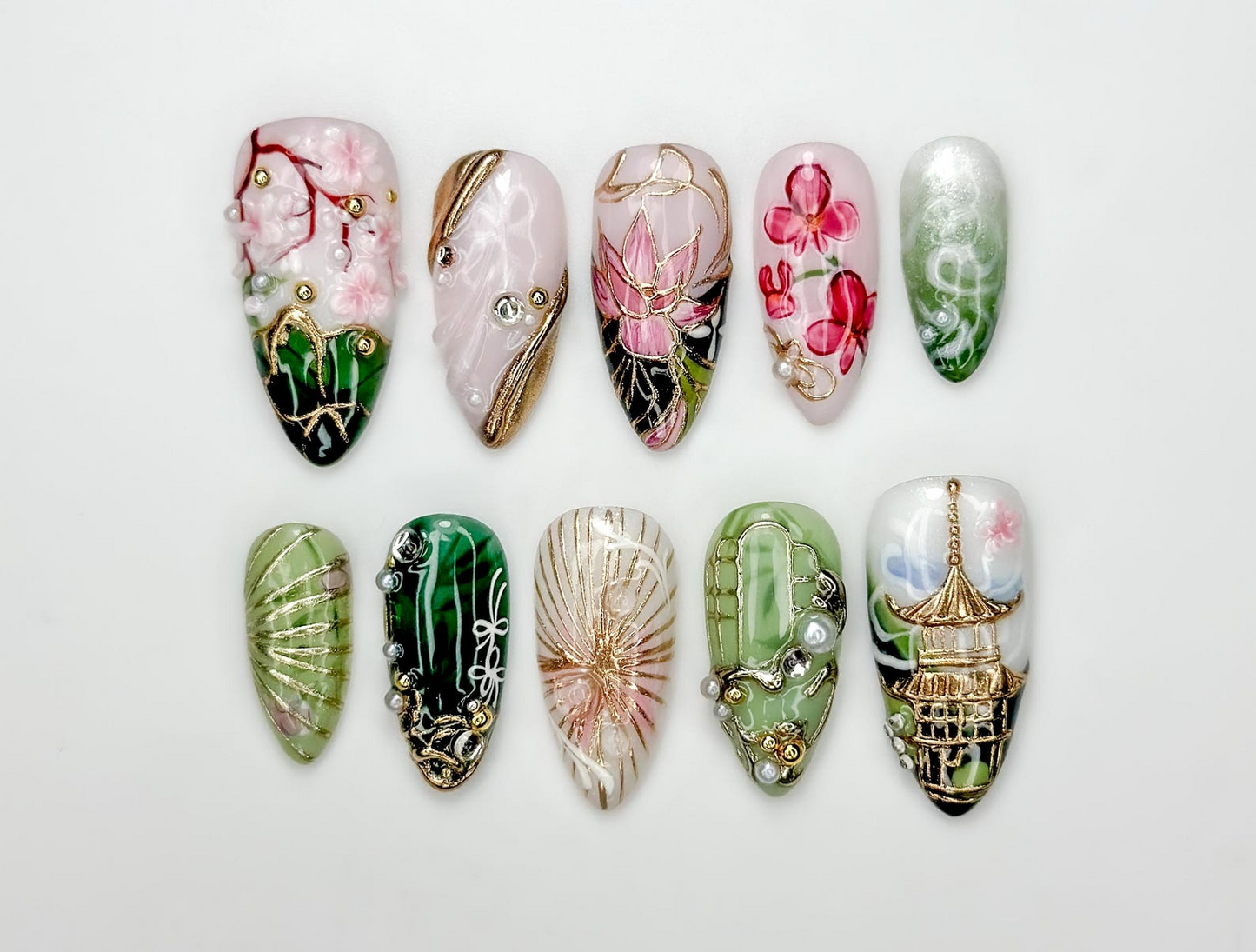 Asian Inspired Luxury Press On Nails | Jade Green Gold Floral Nails | Handpainted Pagoda Nail Art | Elegant Statement Press Ons | JB309HC