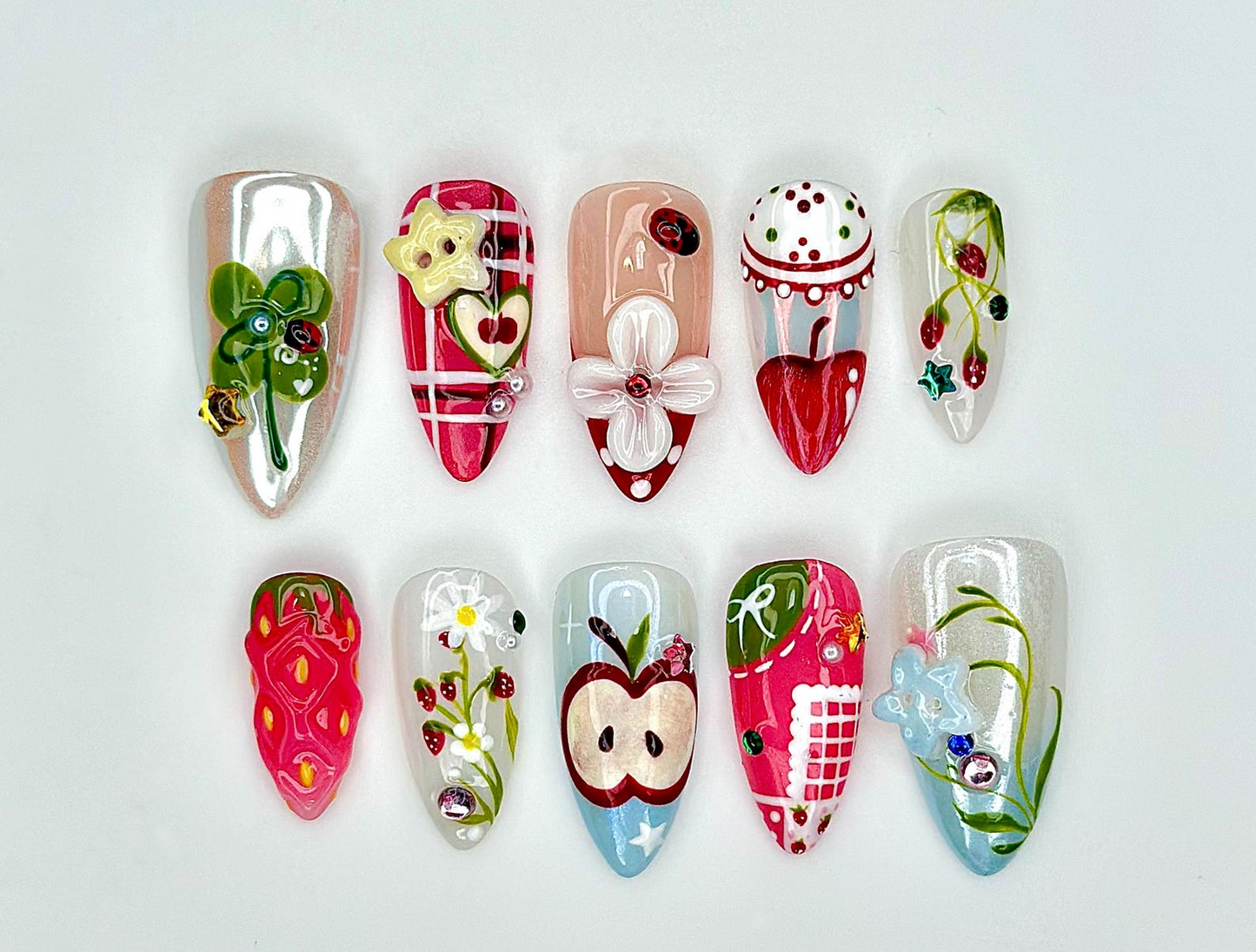 Handcrafted Apple Strawberry Press On Nails | Cute Picnic Press Ons | Red Gingham Cottagecore Nails | Kawaii Nature Press Ons | JB969EC