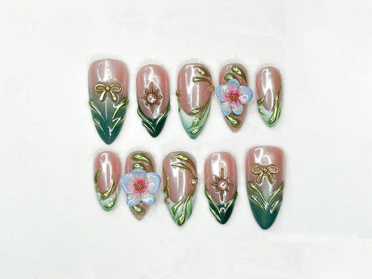 3D Floral Press On Nails | Green Leaf Pink Chrome Nails | Handmade Flower Nail Art | Elegant Spring Nails | Luxury Almond Nails | JC355NC