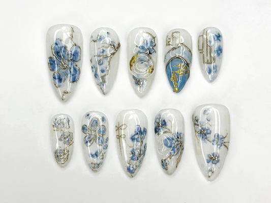 Blue Bloom Elegant Press On Nails | Chinese Luxury Floral Nails | Gold Wire Stiletto Nails | Clear Luxury Art Press Ons | JC299EC