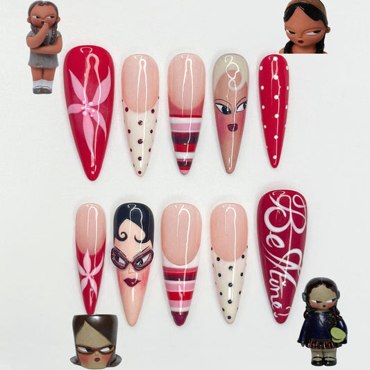 Fashion Doll Aesthetic Press On Nails | Red Vintage Girl Nails | Hand Painted Character Nails | Y2K Pop Art Nail Design | JB327HC