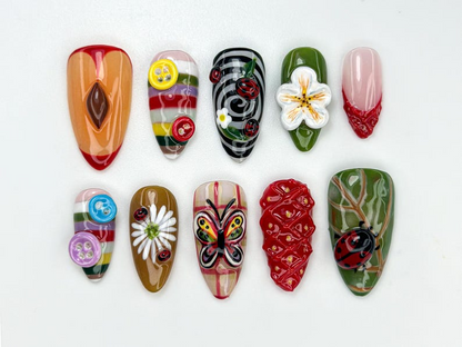 Whimsical Garden Themed Press On Nails | Cottagecore Strawberry & Button Nail Art | Vintage 3D Ladybug Nails | Forestcore Press Ons |JB824H
