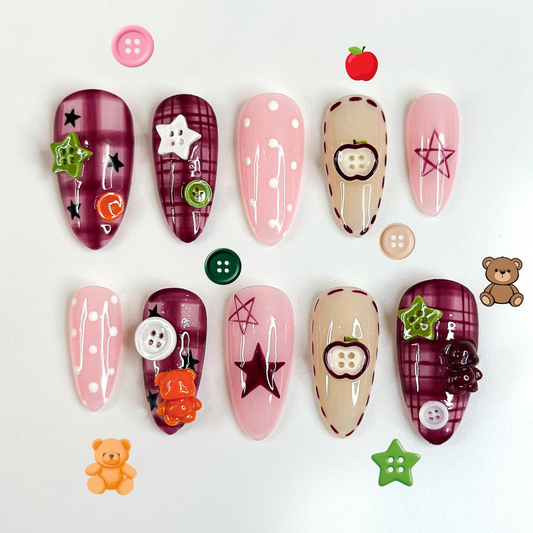 Kawaii Teddy Bear Press On Nails | Cute Teddy & Button Nail Art | Handmade Kawaii Nails | Pink Plaid Press Ons | Cute Core Nails | DB1022H