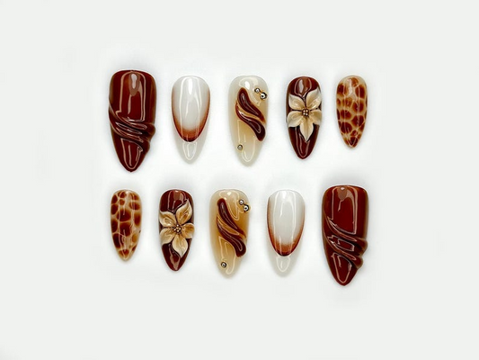 Mocha Bloom Autumn Press On Nails | Brown Nude Gradient Nail Set | 3D Flower & Gold Bead Accents | Luxury Tortoiseshell Nail | HB1102EK