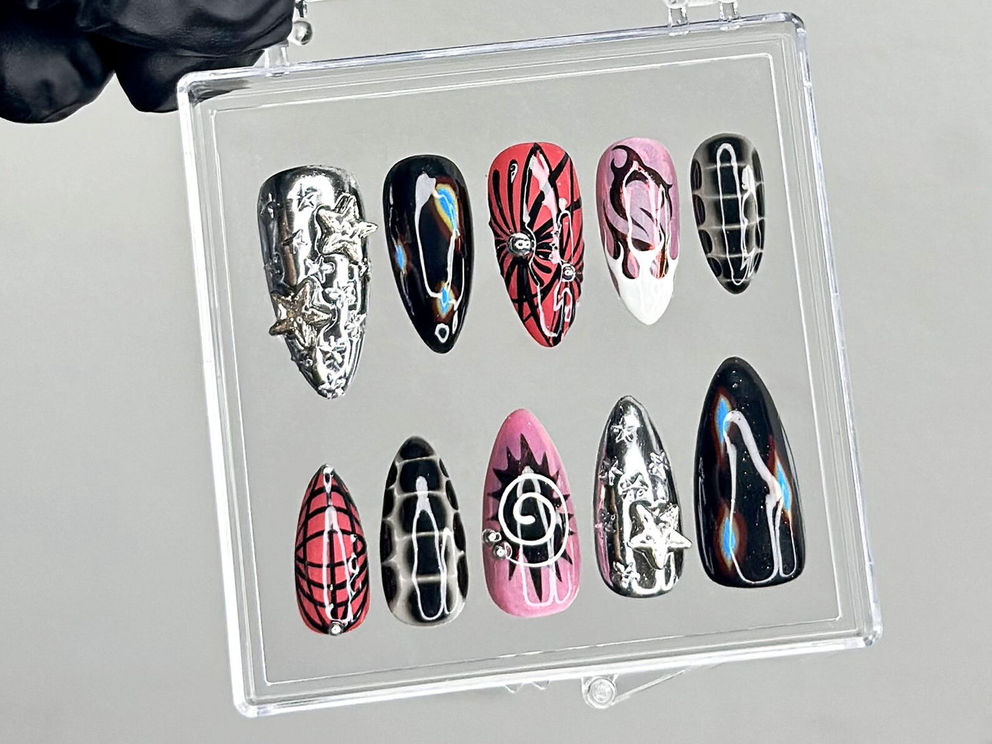 Chrome Flame Press On Nails | Gothic Spider Nail Art | Flame Spider Press Ons | Cyber Y2K Fake Nails | Emo Butterfly Press Ons | HC945YC