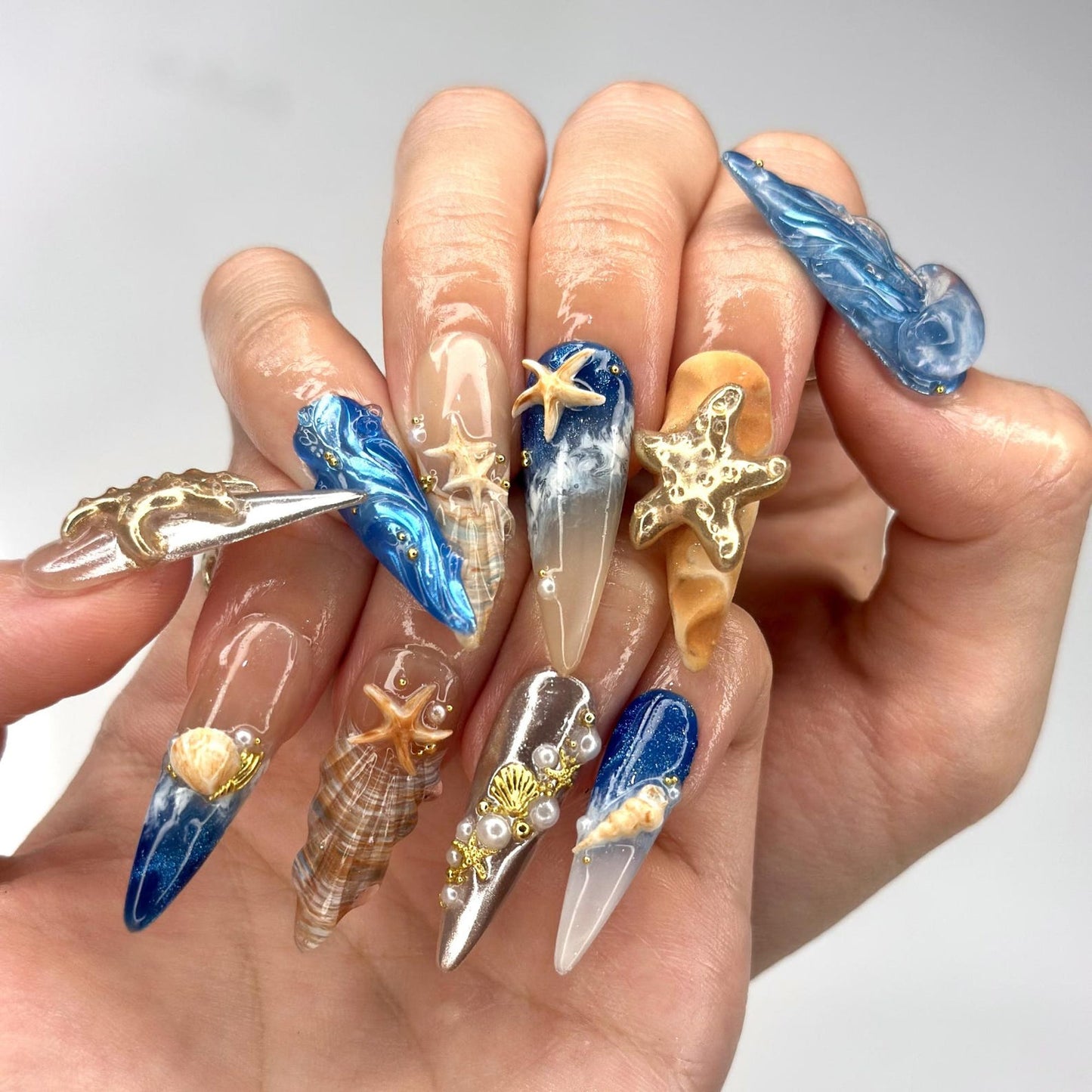 3D Starfish & Jellyfish Ocean Nails | Gold Silver Metallic Chrome | Blue Beach Wave Press On | Coquette Pearl Summer Art | OB1348D