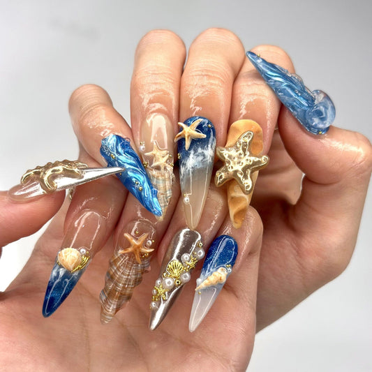 3D Starfish & Jellyfish Ocean Nails | Gold Silver Metallic Chrome | Blue Beach Wave Press On | Coquette Pearl Summer Art | OB1348D