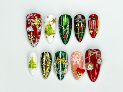 Luxury Christmas Ornament Press On Nails | Green–Red Holiday Nail Art | 3D Ornament & Bow Nails | Winter Festive Press Ons | JC250EK