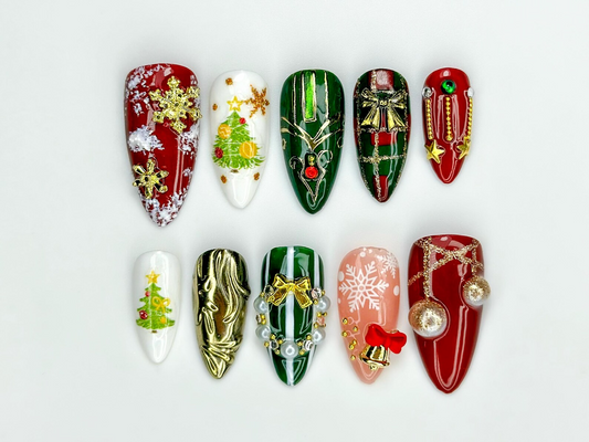 Luxury Christmas Ornament Press On Nails | Green–Red Holiday Nail Art | 3D Ornament & Bow Nails | Winter Festive Press Ons | JC250EK