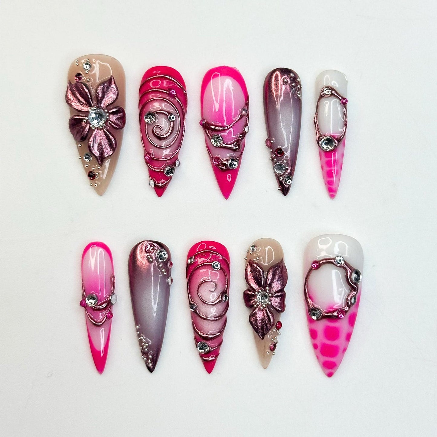 Hot Pink Press On Nails | Luxury Cyber Gyaru Stiletto Nails | 3D Chrome Flower Metallic Fake Nails | Y2K Futuristic Gift | OB406LK