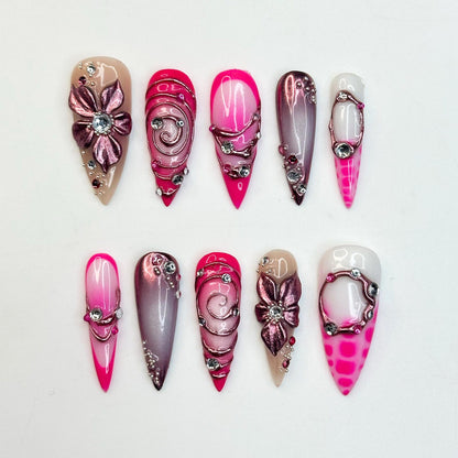Hot Pink Press On Nails | Luxury Cyber Gyaru Stiletto Nails | 3D Chrome Flower Metallic Fake Nails | Y2K Futuristic Gift | OB406LK