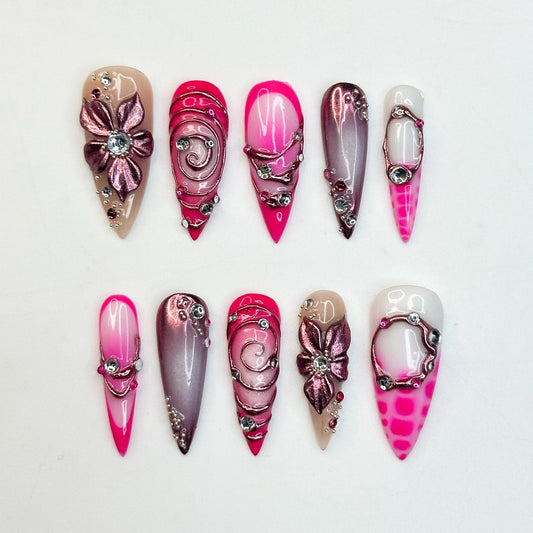 Hot Pink Press On Nails | Luxury Cyber Gyaru Stiletto Nails | 3D Chrome Flower Metallic Fake Nails | Y2K Futuristic Gift | OB406LK