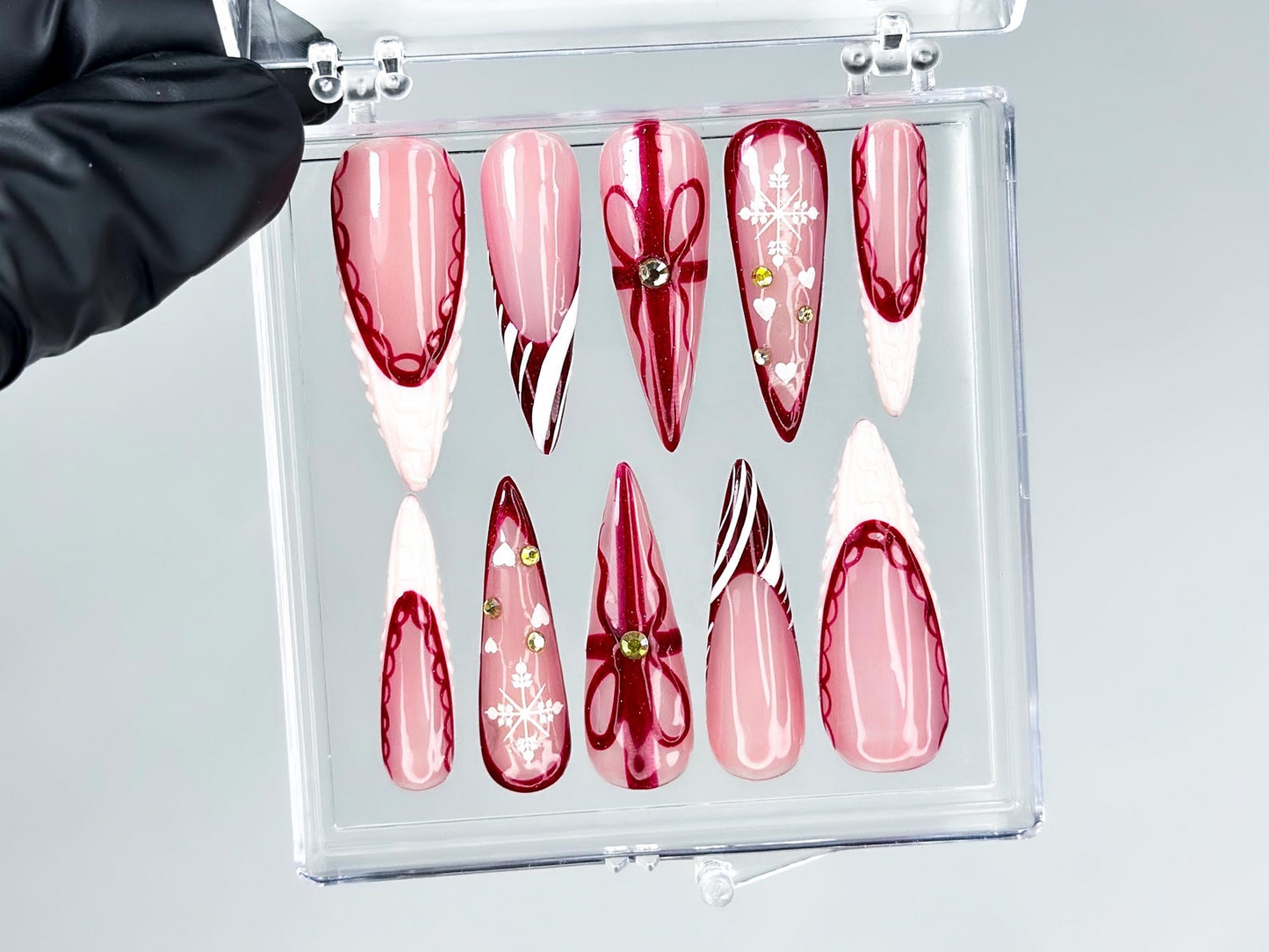 Elegant Burgundy Christmas Press On Nails | Glossy Christmas Nail Art| Winter Holiday Nail Art | Glossy Stiletto Press Ons | HB1194EC