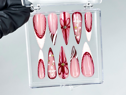 Elegant Burgundy Christmas Press On Nails | Glossy Christmas Nail Art| Winter Holiday Nail Art | Glossy Stiletto Press Ons | HB1194EC
