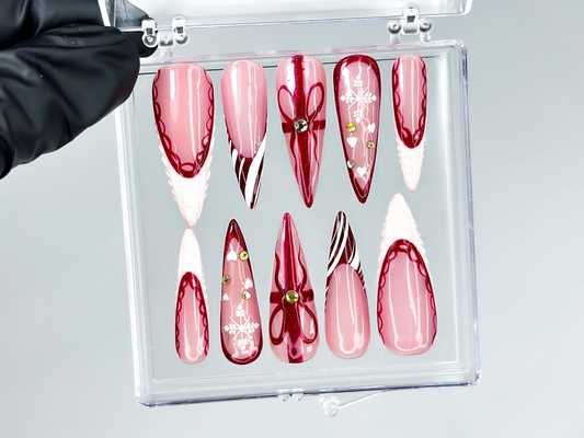 Elegant Burgundy Christmas Press On Nails | Glossy Christmas Nail Art| Winter Holiday Nail Art | Glossy Stiletto Press Ons | HB1194EC