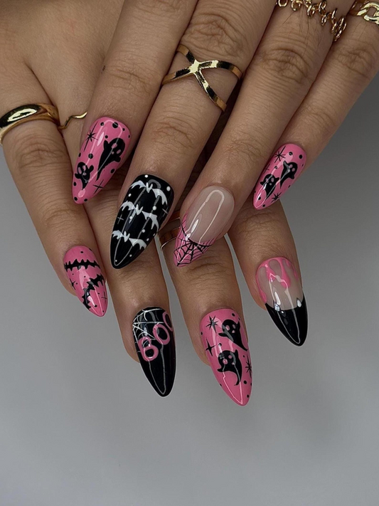 Pink Spooky Ghost Press On Nails | Cute Halloween Nail Art | Black & Pink Spiderweb Nail |Girly Gothic Press Ons |Creepy Cute Nail | JC144HC