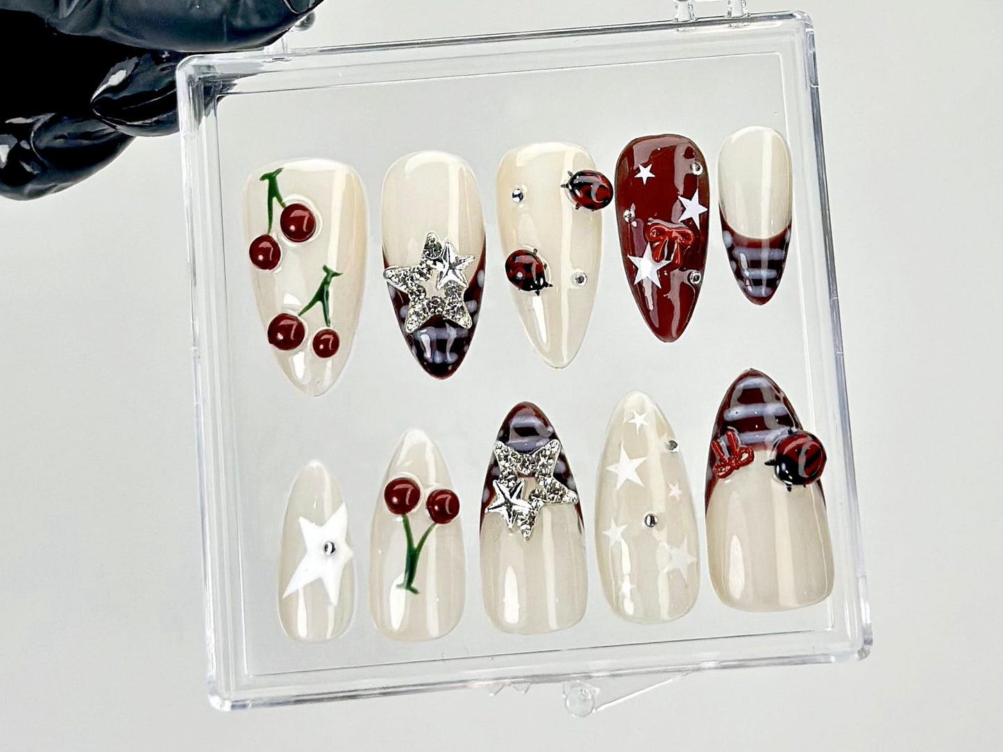 Retro Cherry Star Press On Nails | Y2K Indie Style Fake Nails | Burgundy French Tips Nail Art | 2000s Indie Inspired Press Ons | HC928YC
