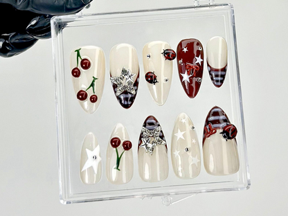 Retro Cherry Star Press On Nails | Y2K Indie Style Fake Nails | Burgundy French Tips Nail Art | 2000s Indie Inspired Press Ons | HC928YC