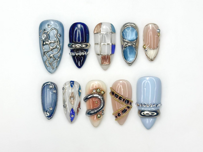 Luxury Blue Silver Press On Nails | Nude Gilded Ring Nail Art | Nude & Steel Statement Nails | High Fashion Almond Nails | JB1023EC
