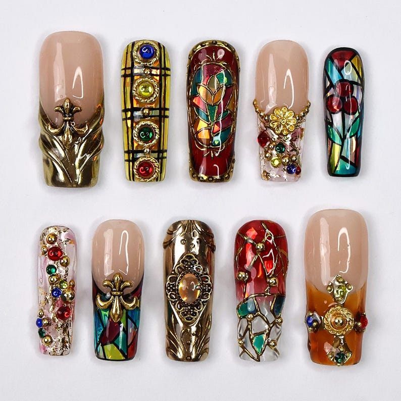 Handmade Baroque 3D Press-On Nails | Stained Glass Vitreaux Design | Long Square Gothic Fake Nails for Holiday, Vacation, Birthday | SKU: DORY-VTX001