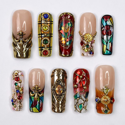 Handmade Baroque 3D Press-On Nails | Stained Glass Vitreaux Design | Long Square Gothic Fake Nails for Holiday, Vacation, Birthday | SKU: DORY-VTX001