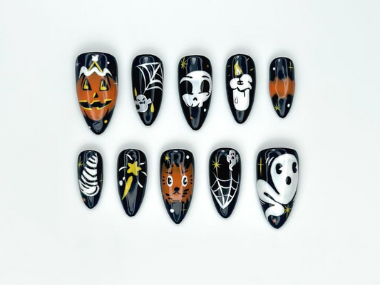 Halloween Stiletto Press On Nails | Black & White Gothic Spider Nail Art | 3D Spider Web Design with Piercing Accents | HB1067EK