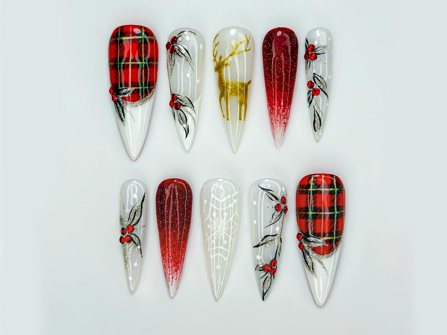 Red Plaid Reindeer Christmas Press On Nails | Holiday Plaid Winter Nail Art | Gold Reindeer Nails | Red Ombre Glitter Nail | JC252EC