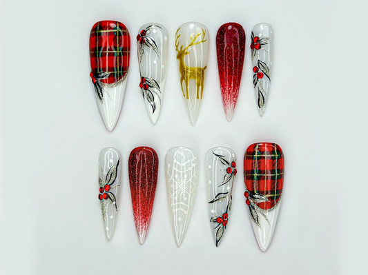 Red Plaid Reindeer Christmas Press On Nails | Holiday Plaid Winter Nail Art | Gold Reindeer Nails | Red Ombre Glitter Nail | JC252EC