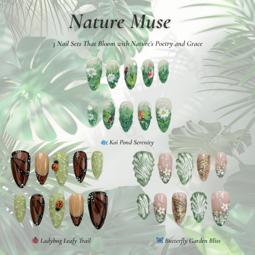 Nature Muse Nail Bundle | 3 Nature-Inspired Press On Nail Sets | Leaf, Butterfly & Floral Art | Reusable Nail Kit