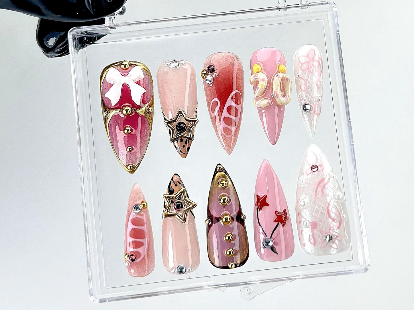 3D Star Bow Pink Press On Nails | Artistic Y2K Style Fake Nails |Trendy Cute Handmade Nail Art |Starry Pink Press Ons |Gothic Nails |HB873YK
