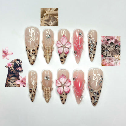 3D Hibiscus Flower & Tropical Muse Nails | Ethereal Goddess Press Ons | Luxury Seashell Art Nails |Nude Pink Floral Summer Nails | JB360IC