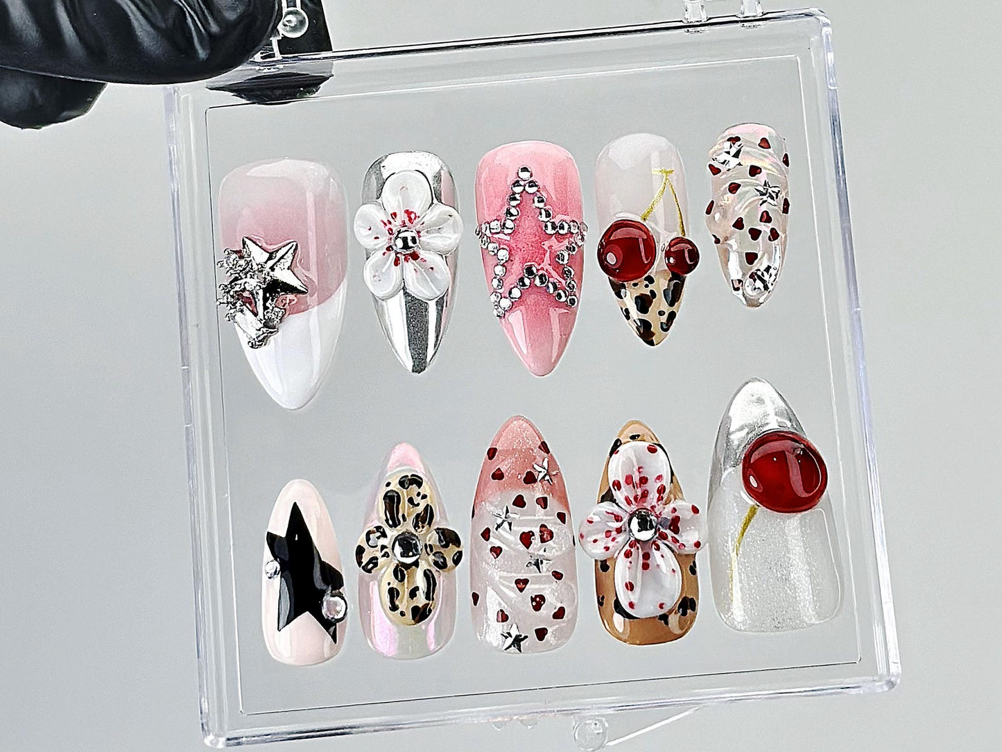 Leopard Print Star Press On Nails | 3D Rhinestone Fake Nails | Pink and Silver Nail Art | Cute Star Cherry Press Ons | Summer Nails |HB883YC