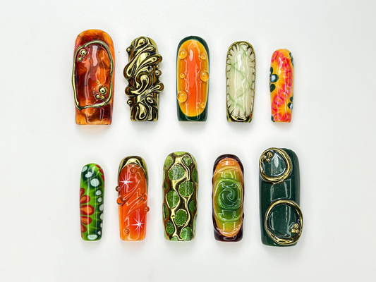 Retro Jungle Luxe Press On Nails | 3D Gold Abstract Nail Art | Green & Orange Swirl Press Ons | Handmade Statement Nails | JB976HC