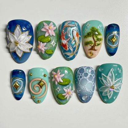 Lotus Koi Serenity Press On Nails | Zen Pond Nail Art | Koi Fish & Lotus Flower Nails | Nature Inspired Press Ons | JB264EC
