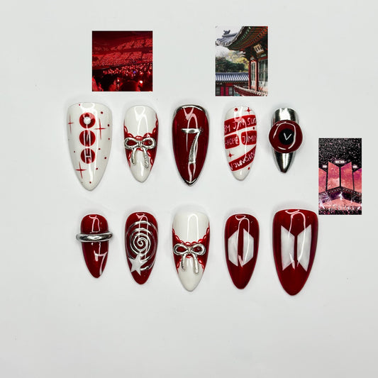 Kpop Inspired Cupid Voyage Nails | 7 Spirit Arirang Love Muse Press Ons | Red White Silver Retro Pop Nails | Coquette Fandom Nails| JC358IK