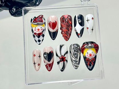 3D Harlequin Clown Press On Nails | Red Black Chrome Swirl Design Fake Nails | Gothic Alt Nail Art | Creepy Cute Clown Nails | HB935YK