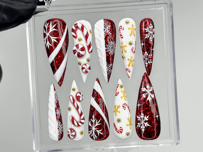 Red Glitter Christmas Press On Nails | Nails | Candy Cane Christmas Nail Art | Holiday Stiletto Nail Art | Luxury Festive Press Ons|HB1210EC