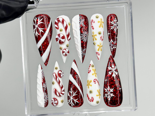 Red Glitter Christmas Press On Nails | Nails | Candy Cane Christmas Nail Art | Holiday Stiletto Nail Art | Luxury Festive Press Ons|HB1210EC
