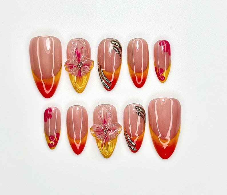 Floral Press On Nails | Handmade 3D Flower Nail Art | Summer Gradient Nail Tips | Ombre Sunset Colors | Custom Nails | JC905E