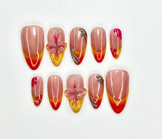 Floral Press On Nails | Handmade 3D Flower Nail Art | Summer Gradient Nail Tips | Ombre Sunset Colors | Custom Nails | JC905E