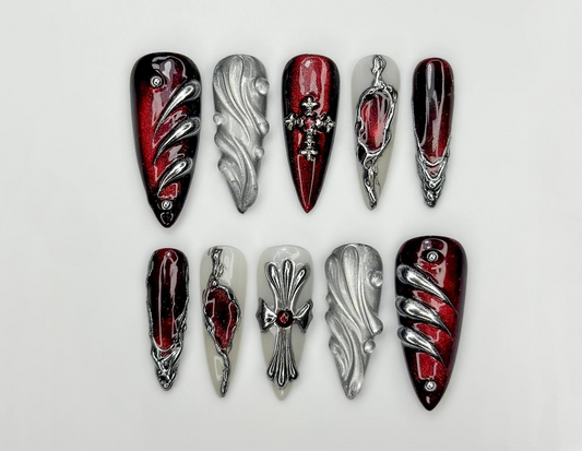 Crimson Gothic Armor Press On Nails for Luxury Girls | Handmade Red Chrome & Silver Sculpted Nails | Gothic Stiletto Nail Art | JB289EC