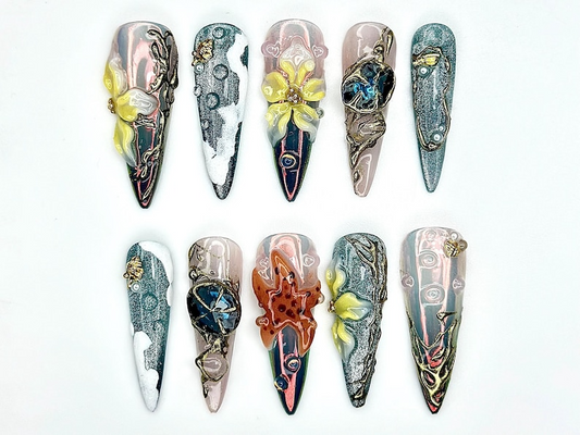 Mystical Forest Bloom Press On Nails | 3D Butterfly Vine Nail Art | Fantasy Nature Sculpted Nails | Metallic Galaxy Tips | JB955EK
