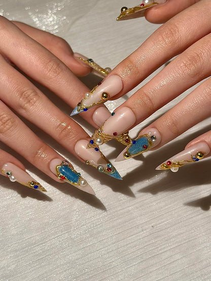 Luxury 3D Jewelry Press On Nails, Gold Filigree and Blue Gemstone False Nails, Royal Core Stiletto Nails for Gala or Wedding | DB1022HC