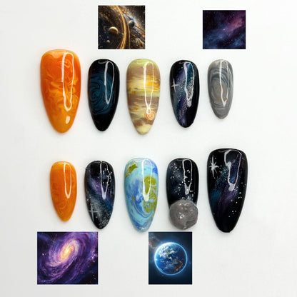 Solar System Almond Press On Nails | Handpainted Celestial Galaxy Fake Nails | OB401LK