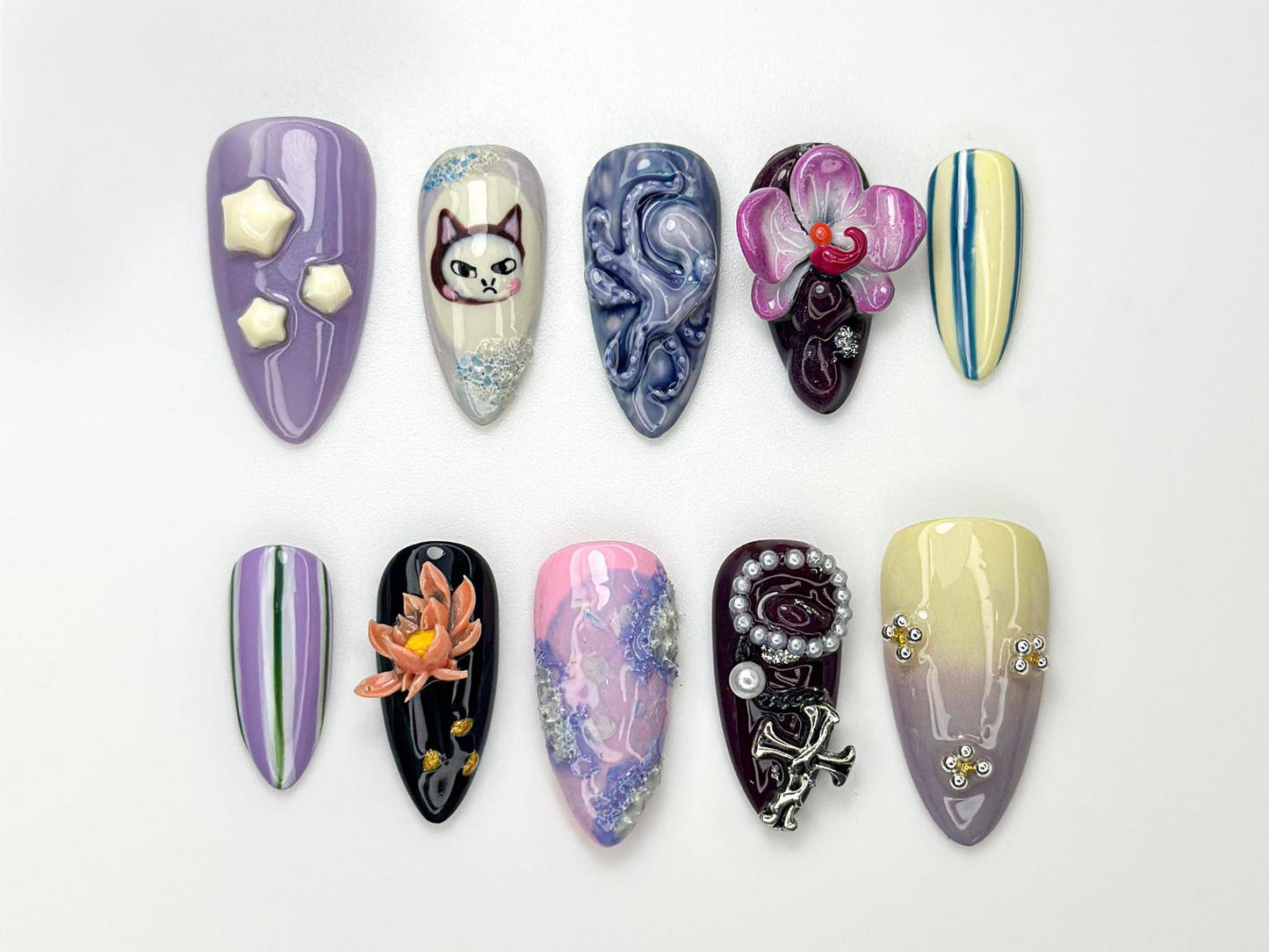 Whimsical Violet Press On Nails | 3D Cat & Orchid Nail Art | Abstract Swirl Gothic Pearl Nails | Handmade Nail Set| Artistic Nails | JB981HC