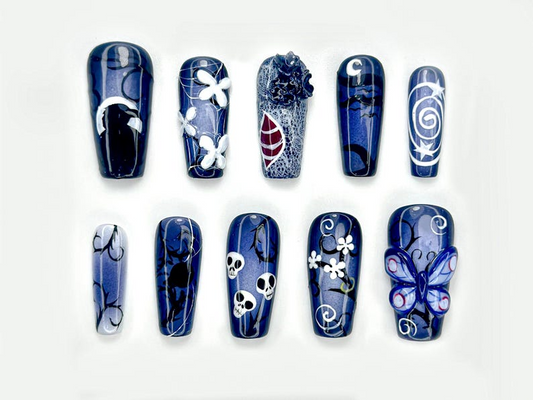 Midnight Gothic Butterfly Press On Nails | Dark Blue Fantasy Nail Art | 3D Butterfly, Skulls & Floral Accents | JC140EC