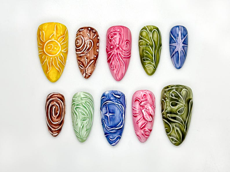 Celestial Carved Texture Press On Nails | Abstract Nature Nail Art | Earth Element Nail Set | 3D Carved Nails | Colorful Press Ons | JB932H