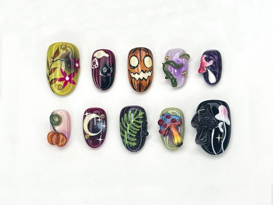 Fantasy Forest Halloween Nails | Pumpkin & Black Cat Press Ons | 3D Mushroom Nail Art | Magical Spooky Handmade Nails | JC1146BC
